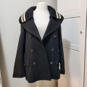 Black Double Breasted Coat with Removable Knit Collar